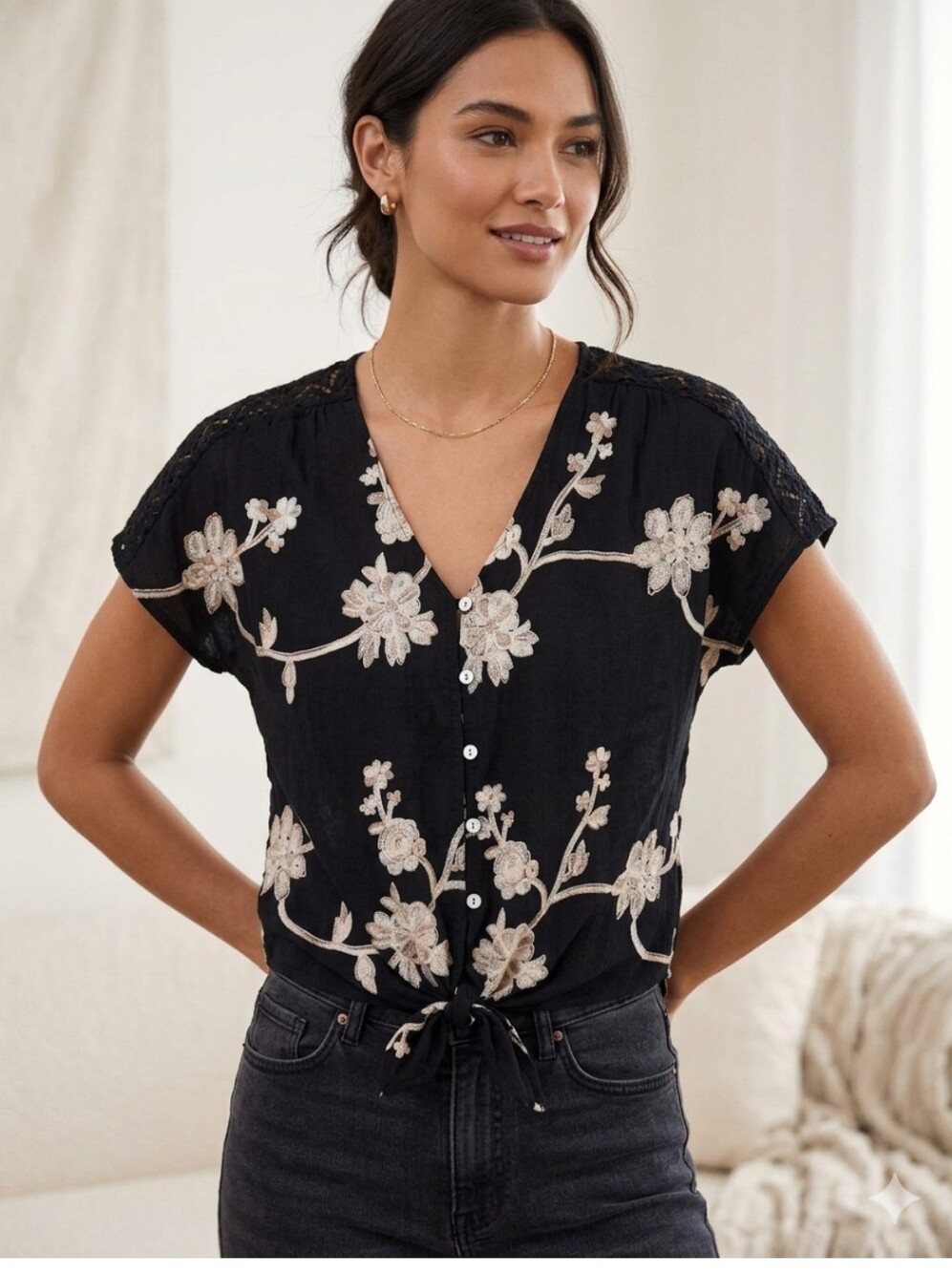 Figueroa & Flower Tie Waist Floral Button Front Top